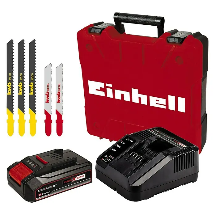 Einhell Power X-Change 18V Akku-Stichsäge TC-JS 18 Li - 18 V, 1 Akku, 2,5 Ah, Leerlaufhubzahl: 0 /min - 2.700 /min - Akkus, Ladegerät, Sägeblätter und ein roter Werkzeugkoffer der Marke Einhell. Alles für den ambitionierten Heimwerker.