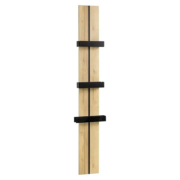 Lanzet Dune Badmöbel-Set - Gesamtbreite Badmöbel: 101 cm, Berg Eiche/Schwarz, Mit Wandpaneel - Wandmontiertes Weinregal aus hellem Holz mit drei glänzend schwarzen Metallhalterungen zur stilvollen Weinlagerung und Präsentation.