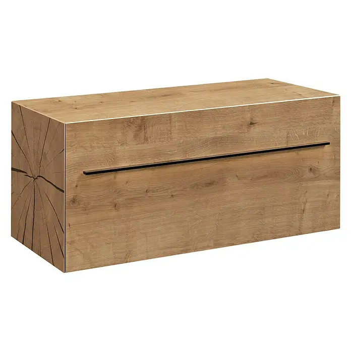 Lanzet Waschtischunterschrank100 x 45 x 45 cm, Berg Eiche - Ein Schrank mit Holzmaserung und einem schlichten, schwarzen Griff. Schöne und minimalistische Holzkommode.