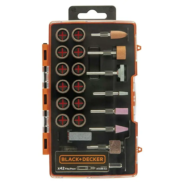Black+Decker Kit de accesorios A7236-XJ - 42 pzs. - Un kit de accesorios Black+Decker de 42 piezas, ideal para esmerilar, pulir y grabar. Perfecto para proyectos de bricolaje y trabajos detallados.