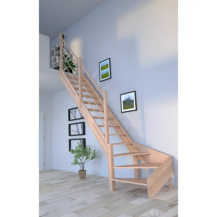 Starwood Raumspartreppe Rhodos - Breite: 80 cm, Buche, Geschosshöhe: 300 cm, 1/4-gewendelt links, Montageseite Geländer: Links, Designgeländer Holz/Holz, Ohne Setzstufen - Holztreppe mit Geländer in einem hellen Raum, dekoriert mit Bildern und einer Pflanze, die eine moderne und natürliche Ästhetik erzeugt.