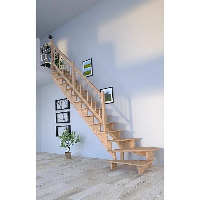 Starwood Raumspartreppe Lindos - Breite: 80 cm, Eiche, Geschosshöhe: 300 cm, 1/4-gewendelt links, Montageseite Geländer: Wahlweise links/rechts, Designgeländer Holz/Holz, Ohne Setzstufen - Die elegante Holztreppe fügt sich nahtlos in den Raum ein, begleitet von stilvollen Dekorationen. Sie ist ein echter Hingucker.
