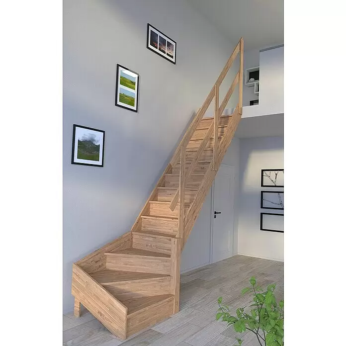 Starwood Raumspartreppe Rhodos - Breite: 79 cm, Eiche, Geschosshöhe: 300 cm, 1/4-gewendelt rechts, Montageseite Geländer: Wahlweise links/rechts, Geländer Holz, Mit Setzstufen - Treppe aus hellem Holz mit Wendestufen und Geländer in einem modernen Zuhause.