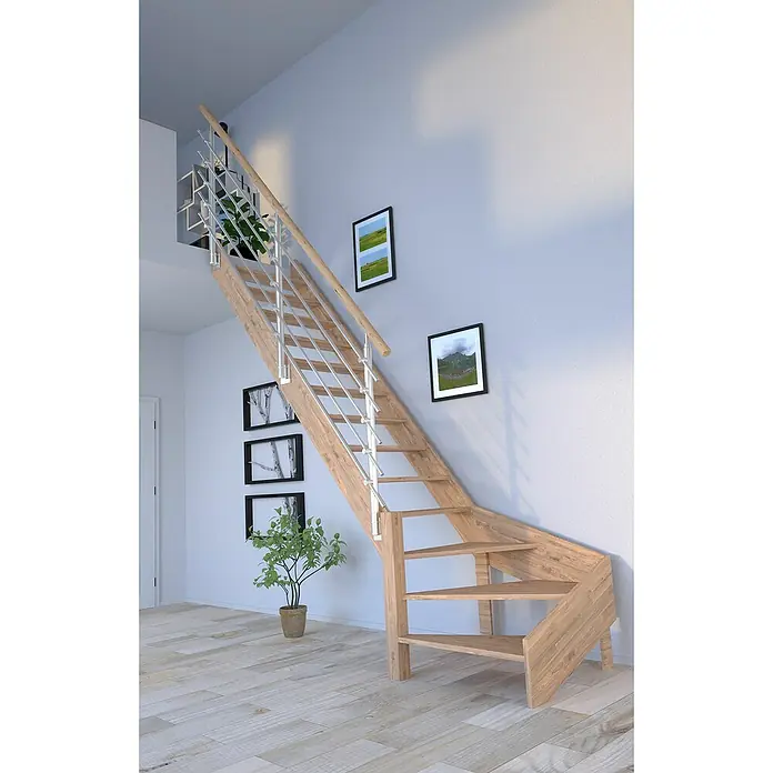 Starwood Raumspartreppe Rhodos - Breite: 84 cm, Eiche, Geschosshöhe: 300 cm, 1/4-gewendelt links, Montageseite Geländer: Wahlweise links/rechts, Designgeländer Edelstahl, Ohne Setzstufen - Helle Holztreppe mit Metallgeländer und Setzstufen, die eine stilvolle und moderne Note in den Raum bringt und einladend wirkt.