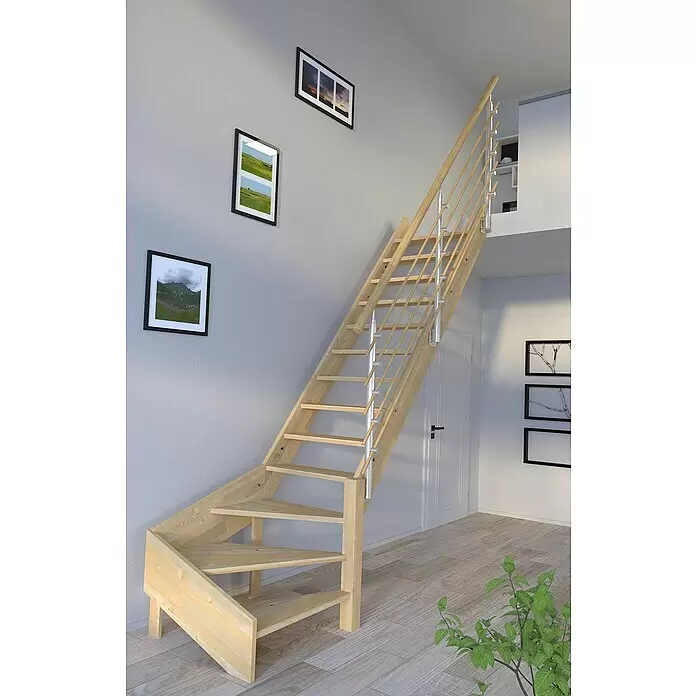Starwood Raumspartreppe Korfu - Breite: 84 cm, Fichte, Geschosshöhe: 300 cm, 1/4-gewendelt rechts, Montageseite Geländer: Wahlweise links/rechts, Designgeländer Holzrundstäbe, Ohne Setzstufen - Helle Holz-Raumspartreppe mit Wechselstufen und Metall-Holz-Geländer, führt in einem modernen Raum nach oben.