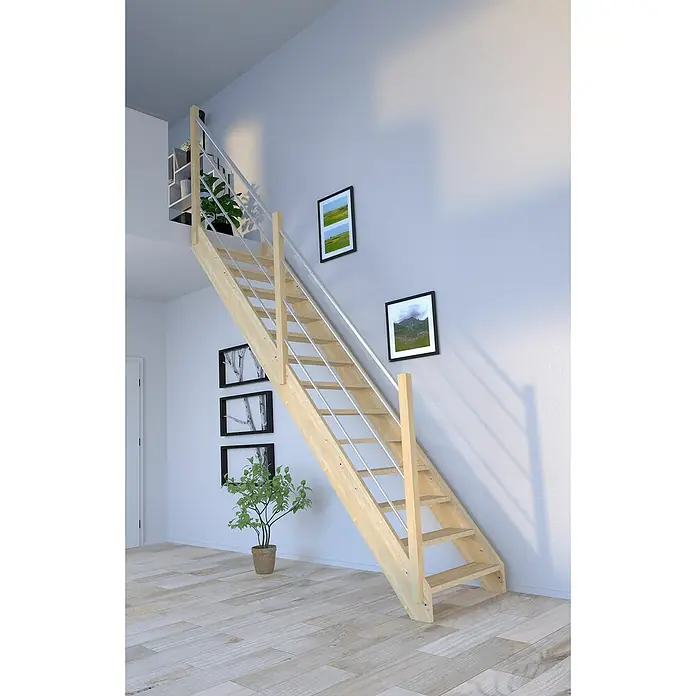 Starwood Raumspartreppe Korfu - Breite: 80 cm, Fichte, Geschosshöhe: 300 cm, Gerade, Montageseite Geländer: Links, Geländer Holz/Edelstahl, Ohne Setzstufen - Eine helle Holztreppe mit Geländer aus Metallstäben fügt sich nahtlos in ein modernes Interieur ein und verbindet zwei Ebenen stilvoll.