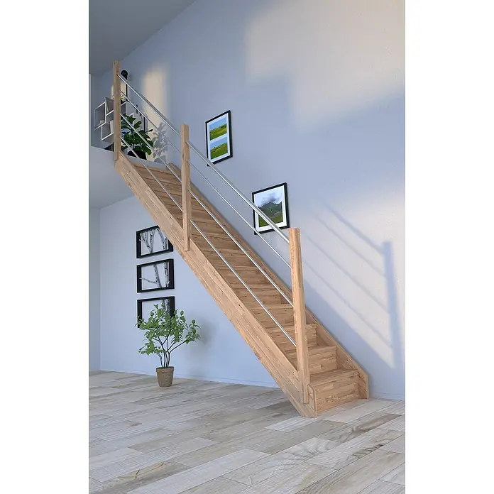 Starwood Raumspartreppe Mykonos - Breite: 81 cm, Eiche, Geschosshöhe: 280 cm, Gerade, Montageseite Geländer: Links, Geländer Holz/Edelstahl, Mit Setzstufen - Eine moderne Holztreppe mit Edelstahlgeländer und Zimmerpflanzen vor einer schlichten Wand. Natürliches Design für Ihr Zuhause.