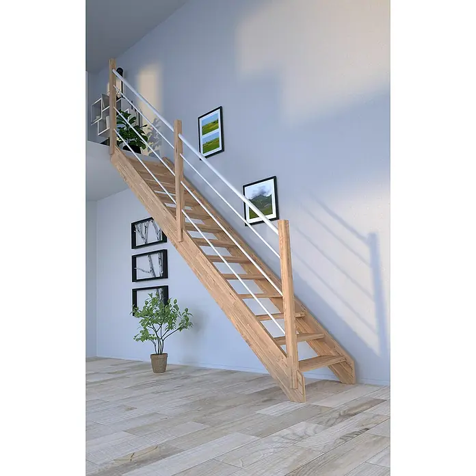 Starwood Raumspartreppe Mykonos - Breite: 81 cm, Eiche, Geschosshöhe: 280 cm, Gerade, Montageseite Geländer: Links, Geländer Holz/Edelstahl weiß, Ohne Setzstufen - Holztreppe mit weißem Geländer in einem hellen Raum mit Holzboden. Die Treppe führt zu einer Galerie oder einem Zwischengeschoss.