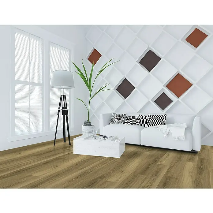 Vinylboden Rigid - Eiche City, Landhausdiele, 1.220 x 180 x 4,5 mm - Einladendes Wohnzimmer mit elegantem Holzboden, der Wärme und Stil verleiht. Der Boden harmoniert perfekt mit dem modernen Interieur.