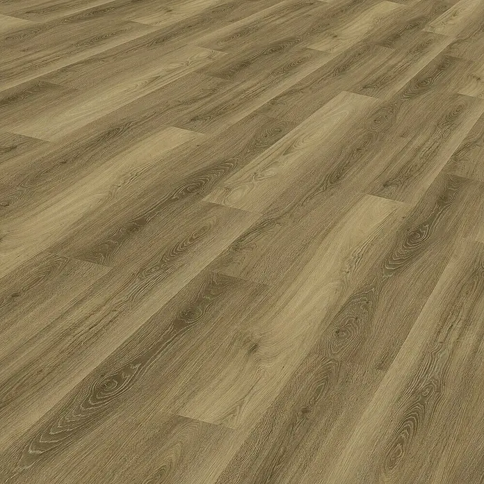 Vinylboden Rigid - Eiche City, Landhausdiele, 1.220 x 180 x 4,5 mm - Ein attraktiver Blickwinkel auf einen Holzboden. Das Bild zeigt die Textur, Farbe und Anordnung der Bretter auf einem Holzboden.
