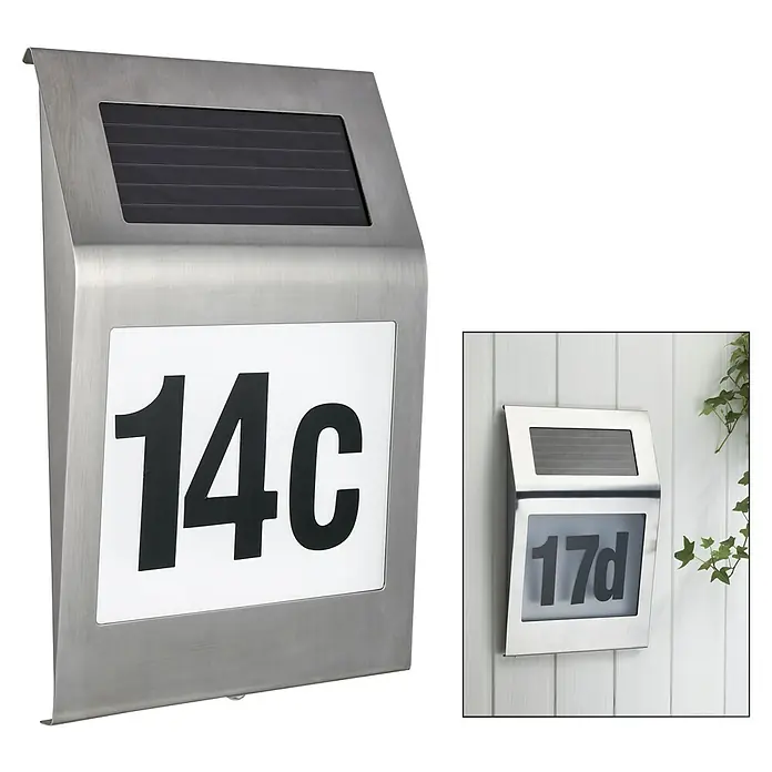 Portaferm Solar-Hausnummer - Edelstahl, Leuchtdauer: 12 h - Solarbetriebene Hausnummernleuchte aus Edelstahl mit den Nummern 14c und 17d für eine moderne und energieeffiziente Kennzeichnung.