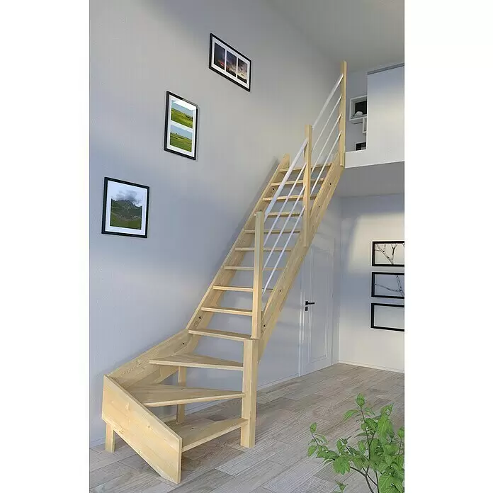 Starwood Raumspartreppe Korfu - Breite: 80 cm, Fichte, Geschosshöhe: 300 cm, 1/4-gewendelt rechts, Montageseite Geländer: Rechts, Geländer Holz/Edelstahl weiß, Ohne Setzstufen - Stimmungsaufnahme