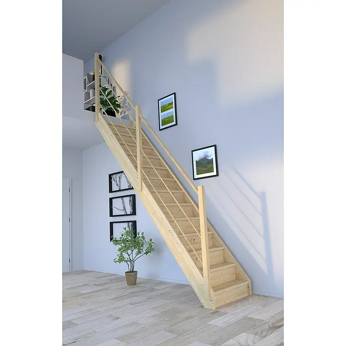 Starwood Raumspartreppe Korfu - Breite: 80 cm, Fichte, Geschosshöhe: 300 cm, Gerade, Montageseite Geländer: Links, Designgeländer Holz/Holz, Mit Setzstufen - Holztreppe im Innenraum mit hellem Holz und minimalistischem Design, die sich in den modernen Raum einfügt. Sie sorgt für einen Blickfang im Zuhause.