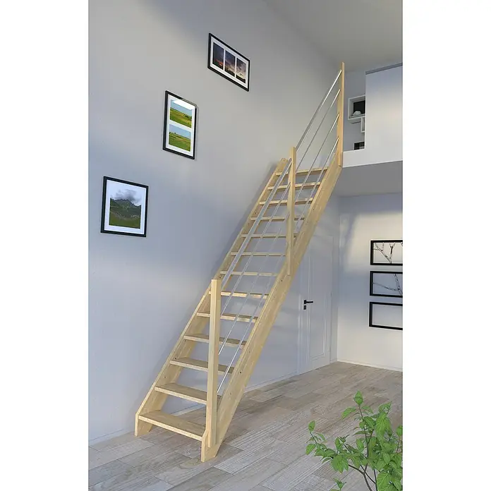Starwood Raumspartreppe Korfu - Breite: 80 cm, Fichte, Geschosshöhe: 300 cm, Gerade, Montageseite Geländer: Rechts, Geländer Holz/Edelstahl, Ohne Setzstufen - Die helle Holztreppe mit Metallgeländer fügt sich nahtlos in das moderne Interieur ein und führt elegant in die obere Etage.