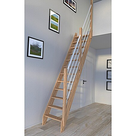 Starwood Raumspartreppe Eiche 3000 (Breite: 60 cm, Eiche, Material Handlauf: Edelstahl, Weiß, Montageseite Geländer: Rechts, Geschosshöhe: 279,5 cm)