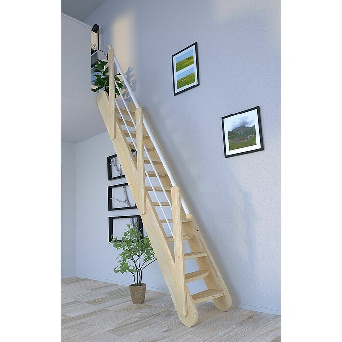 Starwood Raumspartreppe Samos (Breite: 63 cm, Fichte, Geschosshöhe: 250 cm - 285 cm, Gerade, Montageseite Geländer: Wahlweise links/rechts, Geländer Holz/Edelstahl Weiß, Stufen wechselseitig) | BAUHAUS