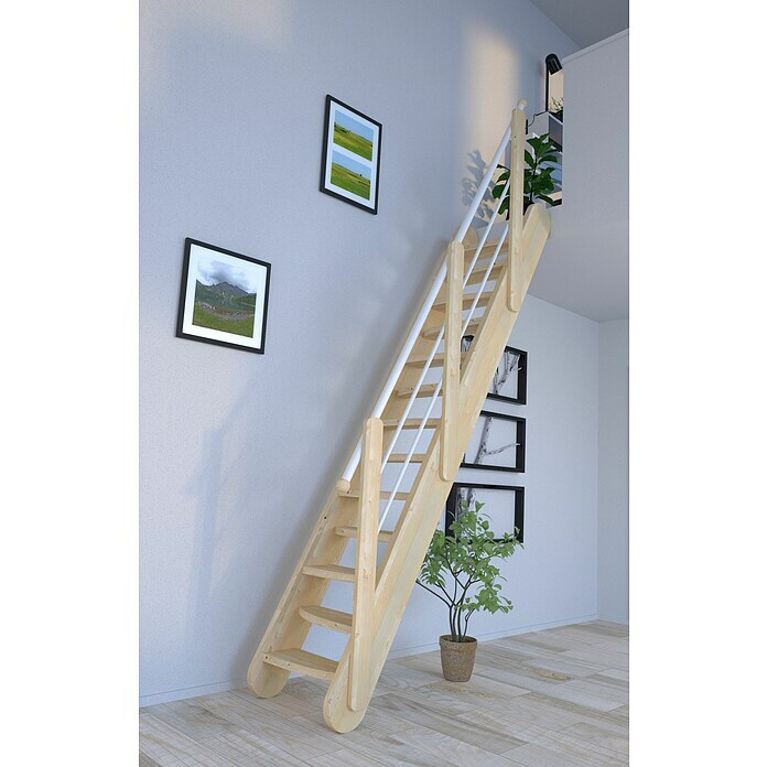 Starwood Raumspartreppe Samos (Breite: 63 cm, Fichte, Geschosshöhe: 250 cm - 285 cm, Gerade, Montageseite Geländer: Wahlweise links/rechts, Geländer Holz/Edelstahl Weiß, Stufen wechselseitig) | BAUHAUS