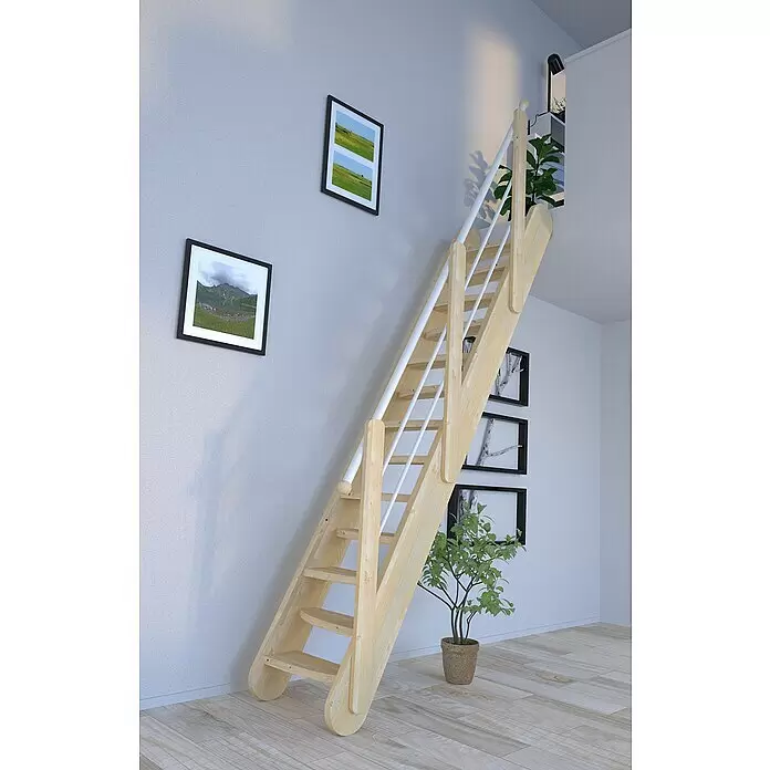 Starwood Raumspartreppe Samos - Breite: 63 cm, Fichte, Geschosshöhe: 250 cm - 285 cm, Gerade, Montageseite Geländer: Wahlweise links/rechts, Geländer Holz/Edelstahl Weiß, Stufen wechselseitig - Stimmungsaufnahme