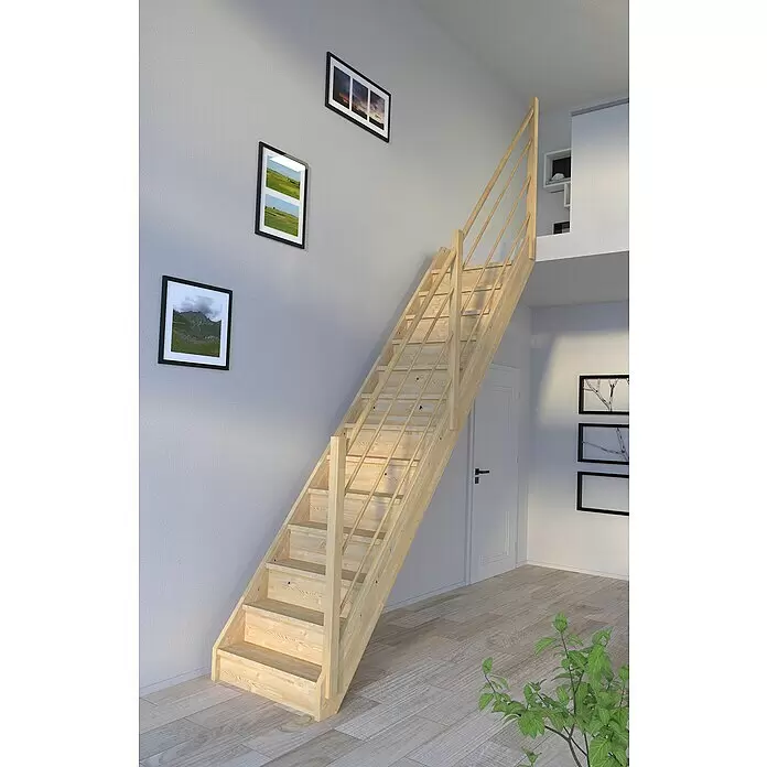 Starwood Raumspartreppe Korfu - Breite: 80 cm, Fichte, Geschosshöhe: 300 cm, Gerade, Montageseite Geländer: Rechts, Designgeländer Holz/Holz, Mit Setzstufen - Helle Holztreppe mit Holzgeländer, die in einem Innenraum nach oben führt.