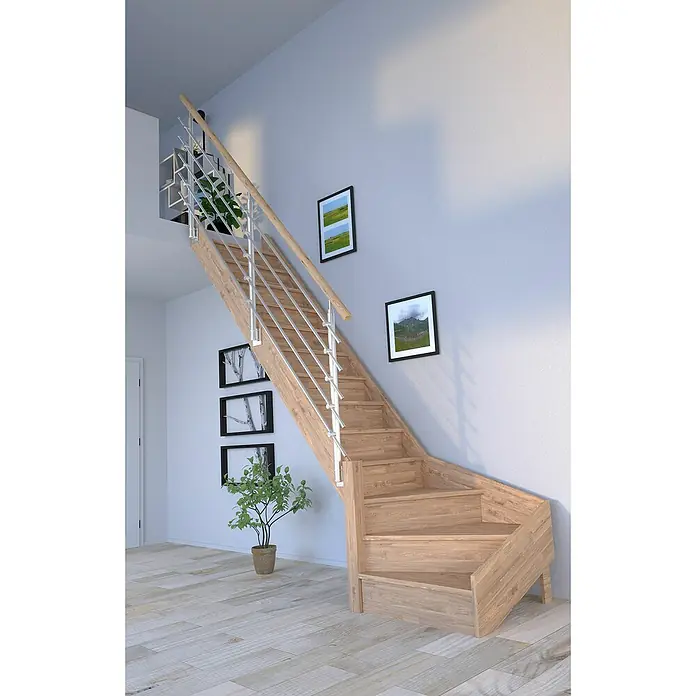 Starwood Raumspartreppe Rhodos - Breite: 84 cm, Eiche, Geschosshöhe: 300 cm, 1/4-gewendelt links, Montageseite Geländer: Wahlweise links/rechts, Designgeländer Edelstahl, Mit Setzstufen - Eine moderne Holztreppe mit silbernen Geländern und einer hellen Holzoberfläche, die sich in ein modernes Interieur einfügt.
