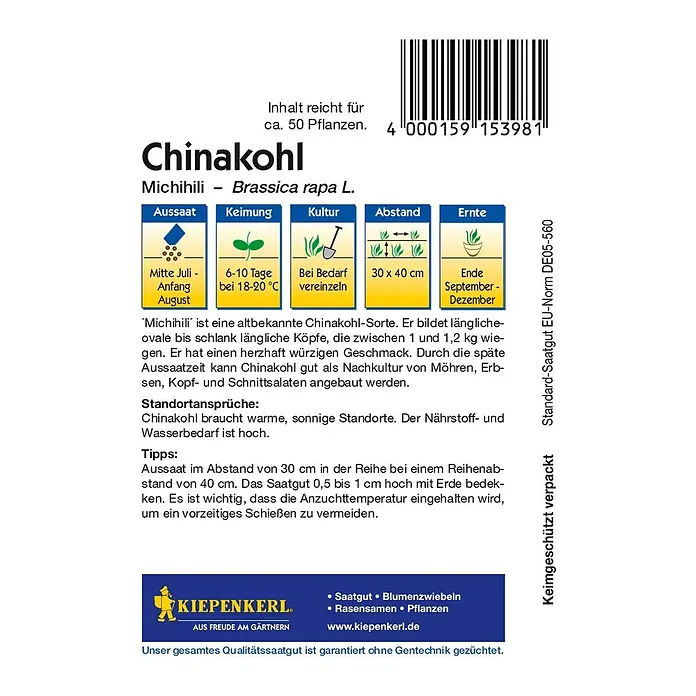 Kiepenkerl Gemüsesamen Chinakohl Michihili - Brassica rapa var. pekinensis, Erntezeit: September - Samenpackung Chinakohl 'Michihili' von Kiepenkerl mit Anbauhinweisen.