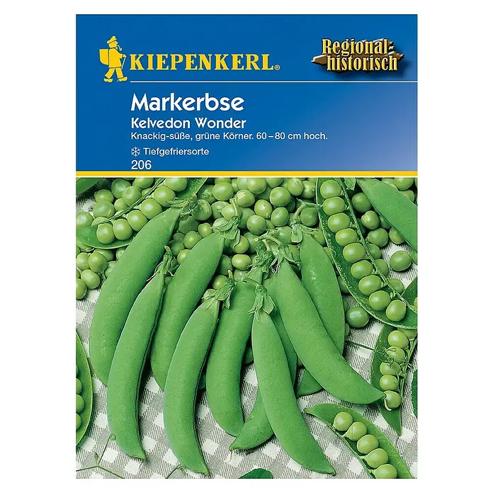 Kiepenkerl Gemüsesamen Markerbse Kelvedon Wonder 206Pisum sativum, Erntezeit: Juni - Markerbse 'Kelvedon Wonder' Saatgutpackung. Ideal zum Einfrieren, knackig-süße, grüne Körner, Wuchshöhe 60-80 cm.