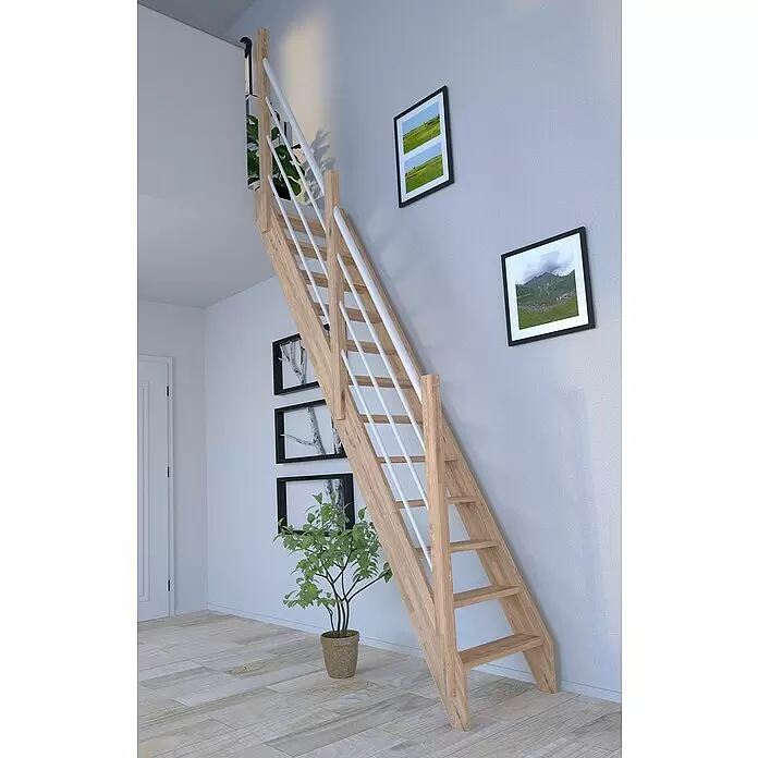 Starwood Raumspartreppe Eiche 3000 - Breite: 60 cm, Eiche, Material Handlauf: Edelstahl, Weiß, Montageseite Geländer: Links, Geschosshöhe: 279,5 cm - Platzsparende Holztreppe mit weißen Balustern, die eine obere Ebene verbindet. Ideal für Dachböden oder Zwischengeschosse.