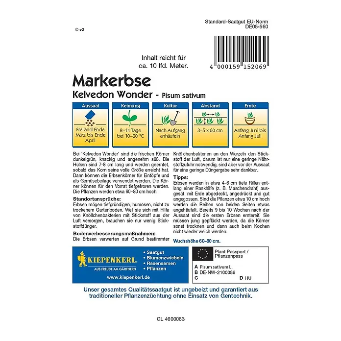 Kiepenkerl Gemüsesamen Markerbse Kelvedon Wonder 206 - Pisum sativum, Erntezeit: Juni - Bild einer 'Markerbse Kelvedon Wonder' Saatgutpackung.