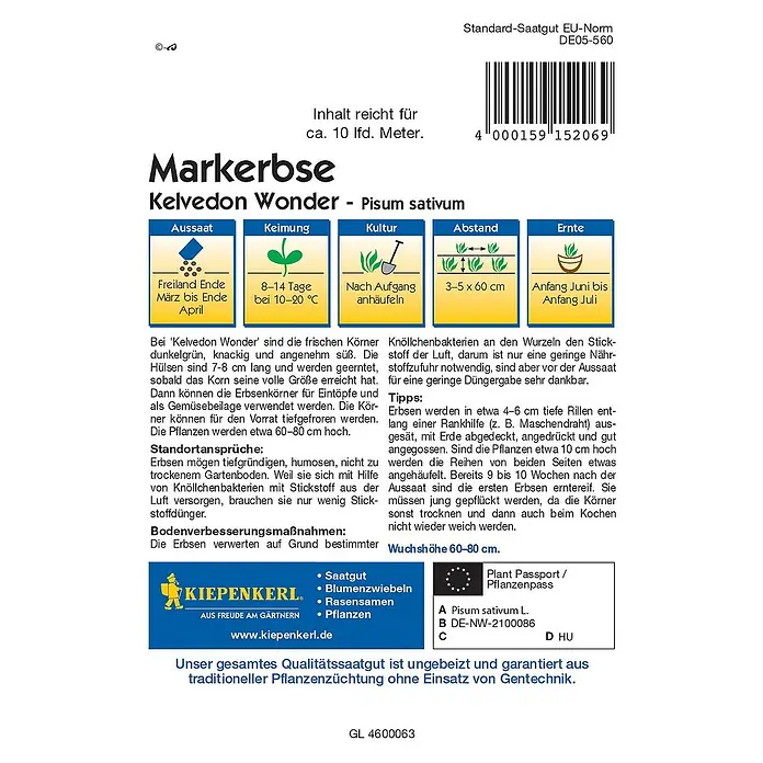 Kiepenkerl Gemüsesamen Markerbse Kelvedon Wonder 206Pisum sativum, Erntezeit: Juni - Bild einer 'Markerbse Kelvedon Wonder' Saatgutpackung.