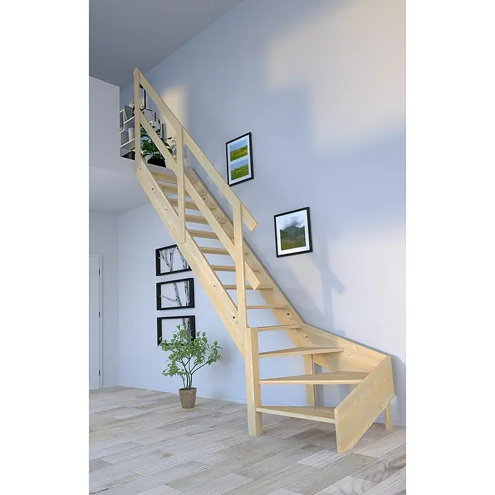 Starwood Raumspartreppe Korfu - Breite: 79 cm, Fichte, Geschosshöhe: 300 cm, 1/4-gewendelt links, Montageseite Geländer: Wahlweise links/rechts, Geländer Holz, Ohne Setzstufen - Holztreppe mit Handlauf in hellem Design, ideal für moderne Innenräume. Die Treppe fügt sich nahtlos in das Raumkonzept ein.