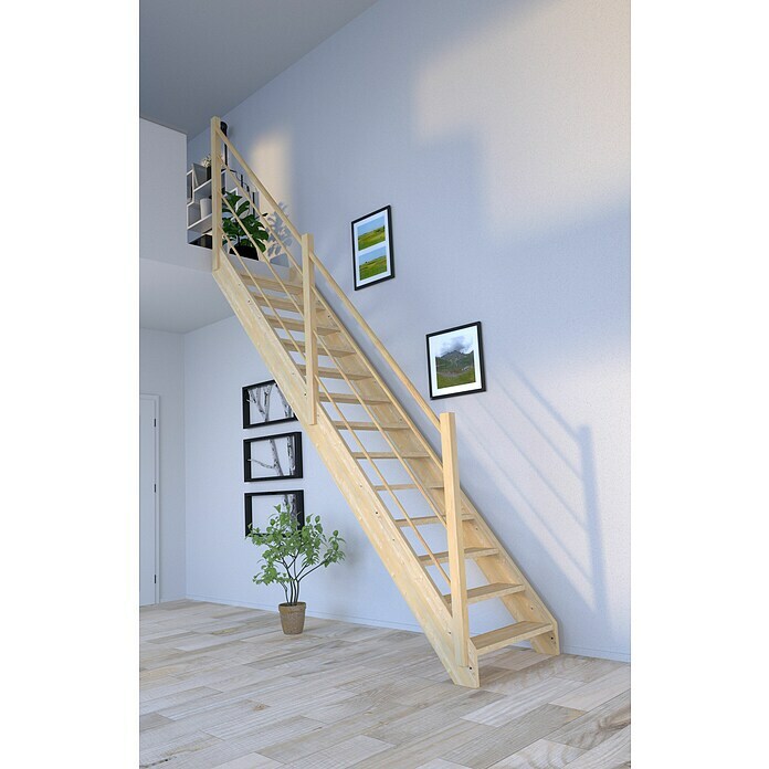 Starwood Raumspartreppe Korfu (Breite: 80 cm, Fichte, Geschosshöhe: 300 cm, Gerade, Montageseite Geländer: Links, Designgeländer Holz/Holz, Ohne Setzs