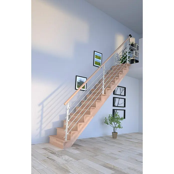Starwood Raumspartreppe Lindos - Breite: 80 cm, Buche, Geschosshöhe: 300 cm, Gerade, Montageseite Geländer: Wahlweise links/rechts, Designgeländer Edelstahl, Mit Setzstufen - Eine moderne Holztreppe mit Edelstahlgeländer fügt sich nahtlos in den hellen Raum ein und verbindet auf elegante Weise die Etagen miteinander.