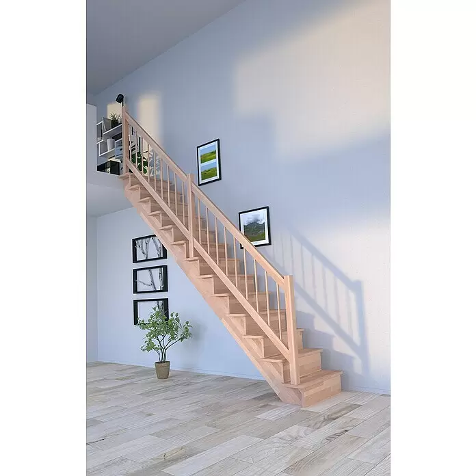 Starwood Raumspartreppe Lindos - Breite: 80 cm, Buche, Geschosshöhe: 300 cm, Gerade, Montageseite Geländer: Wahlweise links/rechts, Designgeländer Holz/Holz, Mit Setzstufen - Eine helle Holztreppe mit passender Balustrade in einem modernen Innenraum.
