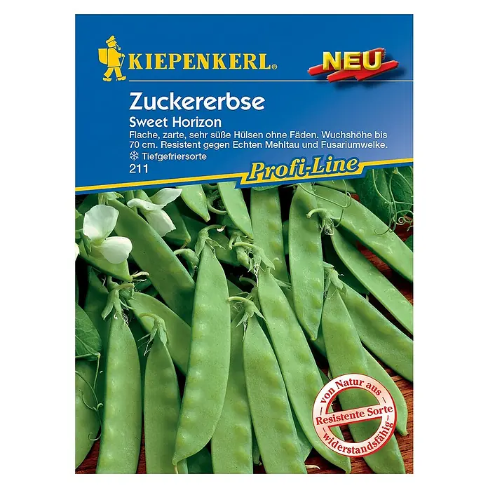 Kiepenkerl Profi-Line Gemüsesamen Sweet HorizonPisum sativum, Erntezeit: Juni - Bild einer Samenpackung "Zuckererbse Sweet Horizon" von Kiepenkerl, die flache, zarte und sehr süße Hülsen ohne Fäden verspricht.