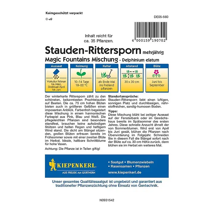 Kiepenkerl Profi-Line Blumensamen Rittersporn - Delphinium elatum - Abbildung einer Saatguttüte Stauden-Rittersporn Magic Fountains Mischung. Mehrjährige Delphinium elatum-Samen für einen farbenfrohen Garten.