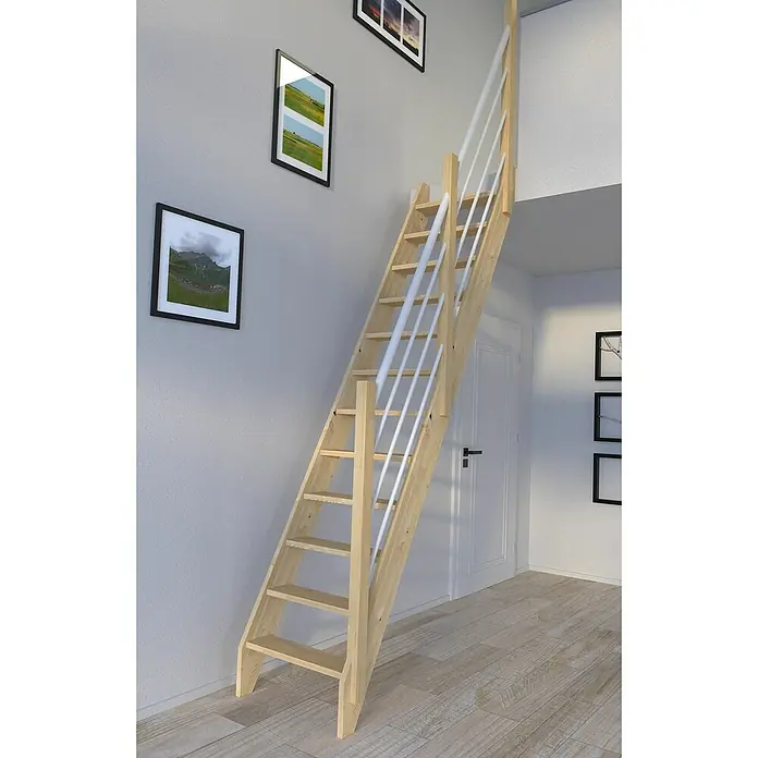 Starwood Raumspartreppe Fichte 3000 - Breite: 61 cm, Fichte, Material Handlauf: Edelstahl, Weiß, Montageseite Geländer: Rechts, Geschosshöhe: 279,5 cm - Eine helle Holztreppe mit weißen Geländerstäben fügt sich nahtlos in einen modernen Raum mit Holzboden und gerahmten Bildern ein.
