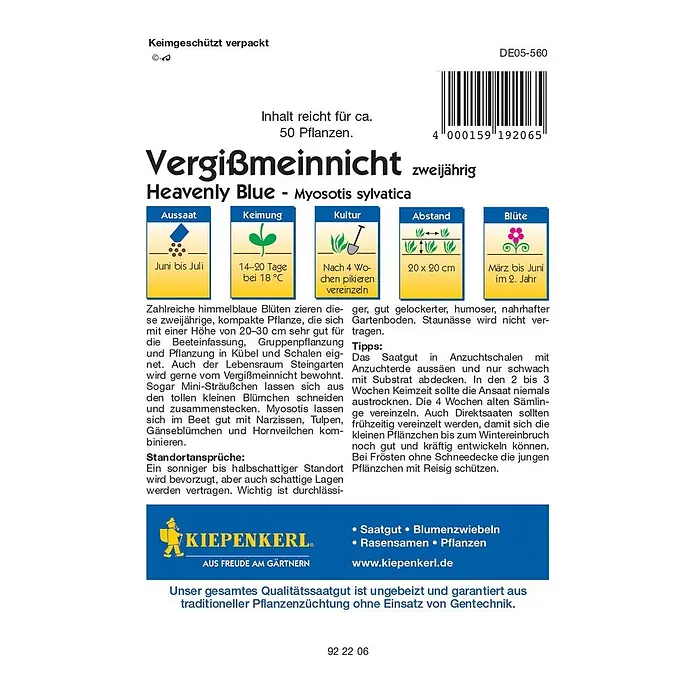 Kiepenkerl Profi-Line Blumensamen Vergissmeinnicht Heavenly Blue - Myosotis sylvatica - Samenpackung 'Vergissmeinnicht Heavenly Blue': Aussaatzeit, Keimung, Kulturanleitung, Pflanzabstand und Blütezeit auf einen Blick.