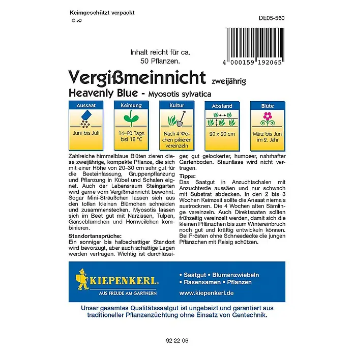 Kiepenkerl Profi-Line Blumensamen Vergissmeinnicht Heavenly BlueMyosotis sylvatica - Samenpackung 'Vergissmeinnicht Heavenly Blue': Aussaatzeit, Keimung, Kulturanleitung, Pflanzabstand und Blütezeit auf einen Blick.