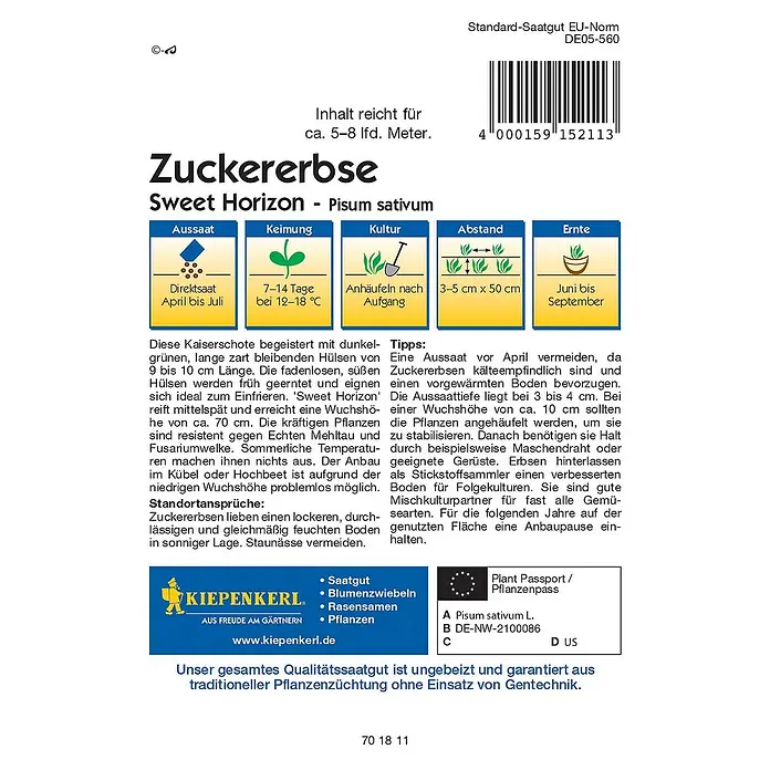 Kiepenkerl Profi-Line Gemüsesamen Sweet HorizonPisum sativum, Erntezeit: Juni - Abbildung der Verpackung von 'Zuckererbse Sweet Horizon - Pisum sativum' Saatgut, ideal für den Anbau von süßen, zarten Erbsen im Garten.