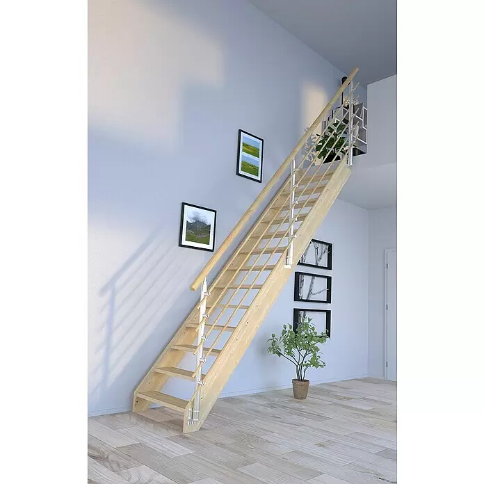 Starwood Raumspartreppe Korfu - Breite: 84 cm, Fichte, Geschosshöhe: 300 cm, Gerade, Montageseite Geländer: Wahlweise links/rechts, Designgeländer Holzrundstäbe, Ohne Setzstufen - Platzsparende Holztreppe mit hellen Stufen und modernem Metallgeländer, verbindet zwei Ebenen in einem Raum.