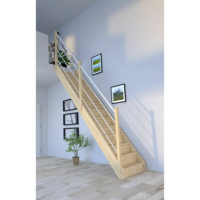 Starwood Raumspartreppe Korfu - Breite: 80 cm, Fichte, Geschosshöhe: 300 cm, Gerade, Montageseite Geländer: Links, Geländer Holz/Edelstahl weiß, Mit Setzstufen - Eine helle Holztreppe mit weißen Geländern fügt sich nahtlos in das moderne Interieur ein. Die Treppe verbindet auf stilvolle Weise zwei Ebenen.