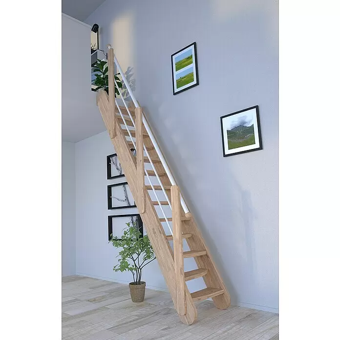 Starwood Raumspartreppe Samos - Breite: 62 cm, Eiche, Geschosshöhe: 250 cm - 285 cm, Gerade, Montageseite Geländer: Wahlweise links/rechts, Geländer Holz/Edelstahl Weiß, Stufen wechselseitig - Platzsparende Holztreppe mit weißem Geländer, verbindet zwei Ebenen in einem modernen Raum.
