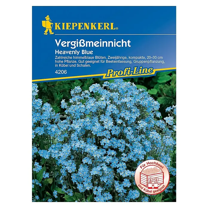 Kiepenkerl Profi-Line Blumensamen Vergissmeinnicht Heavenly Blue - Myosotis sylvatica - Abbildung der Vergissmeinnicht Heavenly Blue Samenpackung von Kiepenkerl mit himmelblauen Blüten für Beet, Gruppen oder Kübel.