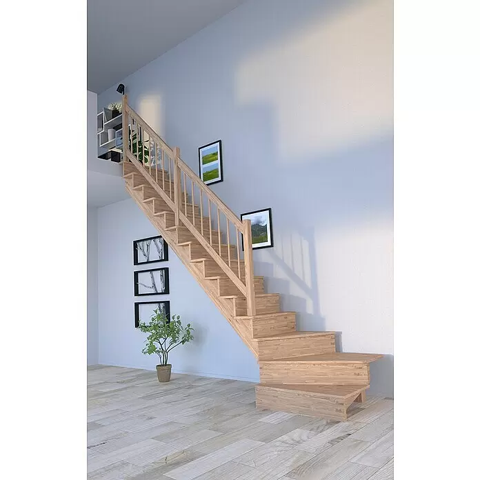 Starwood Raumspartreppe Lindos - Breite: 80 cm, Eiche, Geschosshöhe: 300 cm, 1/4-gewendelt links, Montageseite Geländer: Wahlweise links/rechts, Designgeländer Holz/Holz, Mit Setzstufen - Helle Holztreppe mit Geländer, führt in einem modernen Interieur nach oben, mit hellem Holzboden.