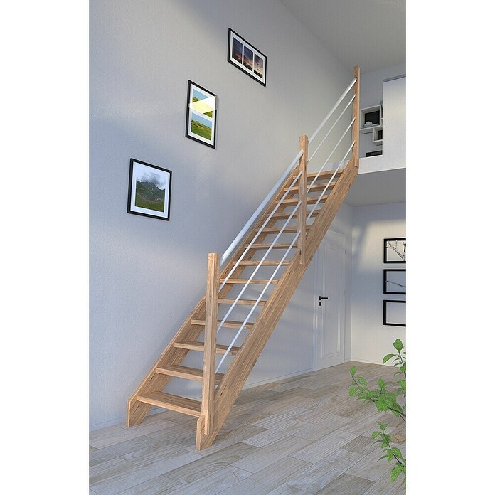 Starwood Raumspartreppe Mykonos (Breite: 81 cm, Eiche, Geschosshöhe: 280 cm, Gerade, Montageseite Geländer: Rechts, Geländer Holz/Edelstahl weiß, Ohne Setzstufen) | BAUHAUS