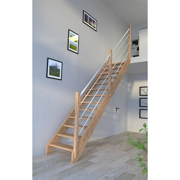 Starwood Raumspartreppe Mykonos - Breite: 81 cm, Eiche, Geschosshöhe: 280 cm, Gerade, Montageseite Geländer: Rechts, Geländer Holz/Edelstahl weiß, Ohne Setzstufen - Eine Holztreppe mit weißem Geländer vor einer grauen Wand, dekoriert mit drei gerahmten Bildern. Helles Holzparkett rundet das Design ab.