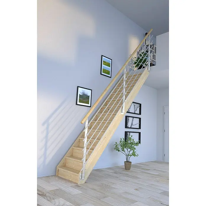 Starwood Raumspartreppe Korfu - Breite: 84 cm, Fichte, Geschosshöhe: 300 cm, Gerade, Montageseite Geländer: Wahlweise links/rechts, Designgeländer Edelstahl, Mit Setzstufen - Helle Holztreppe mit silbernen Geländern fügt sich nahtlos in ein modernes Interieur ein, ergänzt durch Pflanzen und gerahmte Bilder an der Wand.