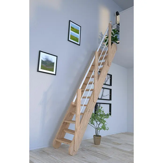 Starwood Raumspartreppe Samos - Breite: 62 cm, Eiche, Geschosshöhe: 250 cm - 285 cm, Gerade, Montageseite Geländer: Wahlweise links/rechts, Geländer Holz/Edelstahl Weiß, Stufen wechselseitig - Eine helle Holztreppe mit weißem Geländer fügt sich nahtlos in das moderne Interieur ein und führt elegant nach oben.