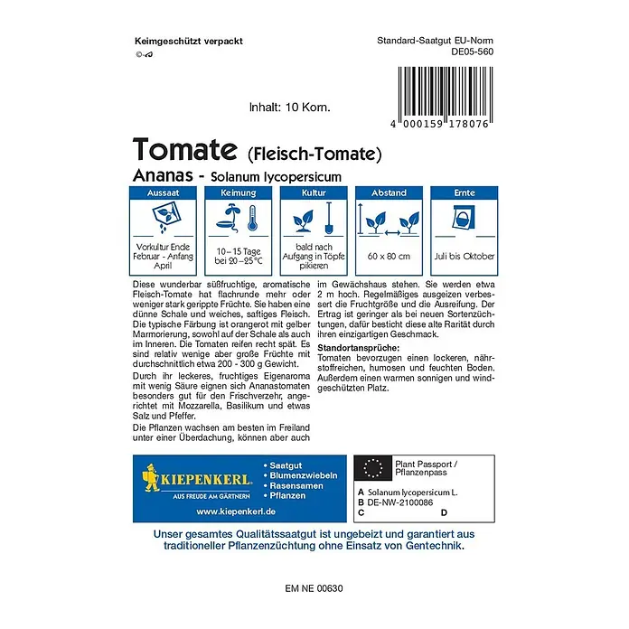 Kiepenkerl Profi-Line Gemüsesamen Tomate Ananas - Solanum lycopersicum, Erntezeit: Juli - Bild einer Samenpackung für Ananas-Tomaten (Solanum lycopersicum), ideal für den Anbau von aromatischen Fleischtomaten im eigenen Garten.