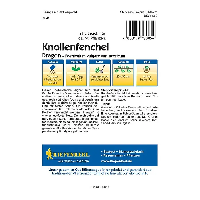 Kiepenkerl Profi-Line Gemüsesamen Knollenfenchel Dragon - Foeniculum vulgare var. azoricum, Erntezeit: Juli - Bild einer Saatguttüte für 'Dragon' Knollenfenchel.